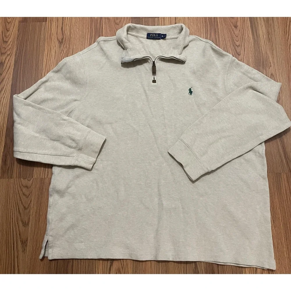 Polo Ralph Lauren Sweater Mens XL Quarter Zip Pullover Beige Mock Neck Pony